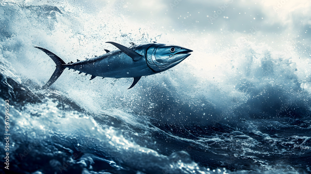dramatic shot of a tuna fish launching from the sea, the force of its movement creating a cascade of water below