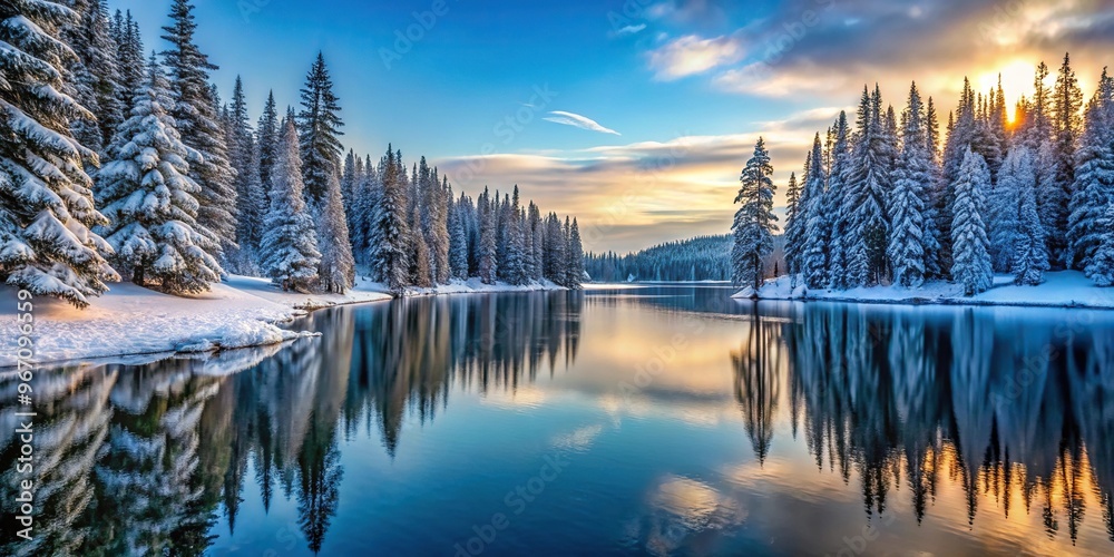 Obraz premium Winter evening at lake with pine trees and snow covered landscape