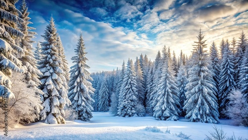 Winter forest scene with snow-covered trees tilted at an angle