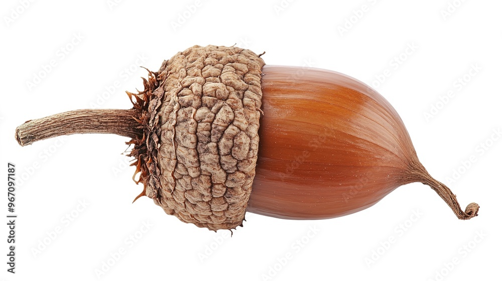 A detailed image of an acorn, highlighting its distinctive features such as the nut and the cap. The acorn is depicted with a clear view of its texture and shape A detailed image of an acorn, highlighting its distinctive features such as the nut and the cap. The acorn is depicted with a clear view of its texture and shape