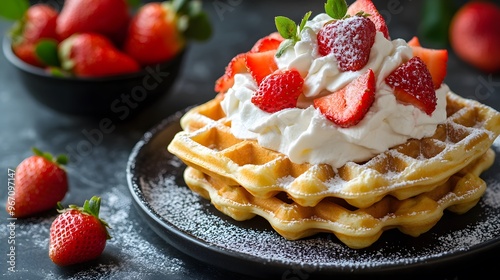 59. A stack of soft and warm waffles with fresh strawberries and whipped cream