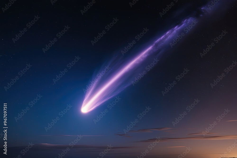 Stunning Indigo Comet with Fiery Tail in Clear Night Sky for Cosmic Storytelling Stunning Indigo Comet with Fiery Tail in Clear Night Sky for Cosmic Storytelling