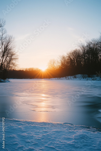 Winter sunset over a frozen lake, warm hues in the sky, peaceful and serene setting