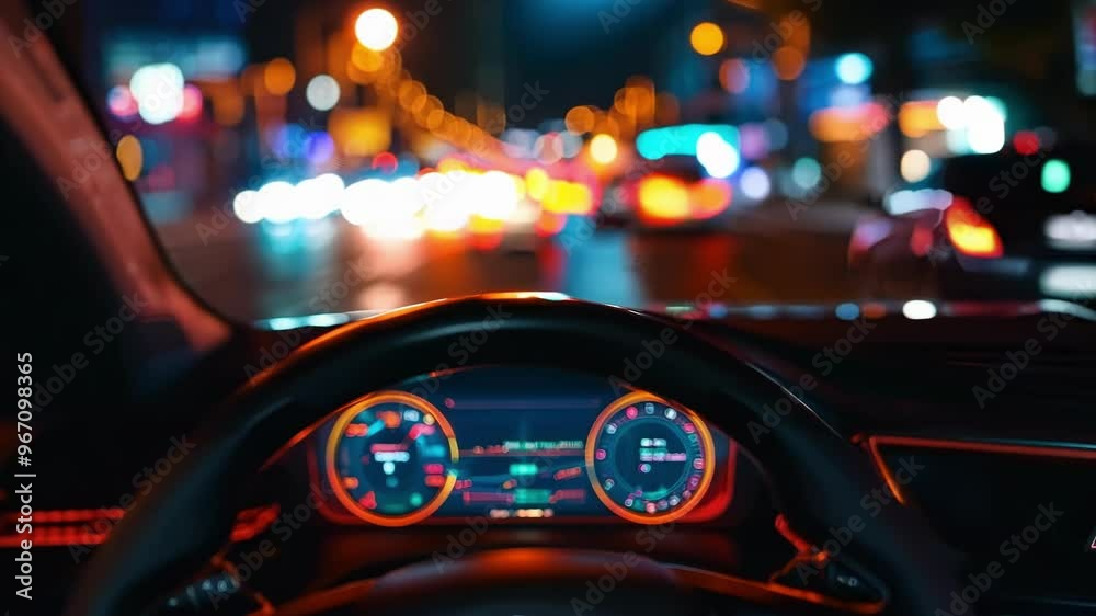 Inside view of an autonomous vehicle driving through a city at night, showing a futuristic augmented reality holographic heads up display