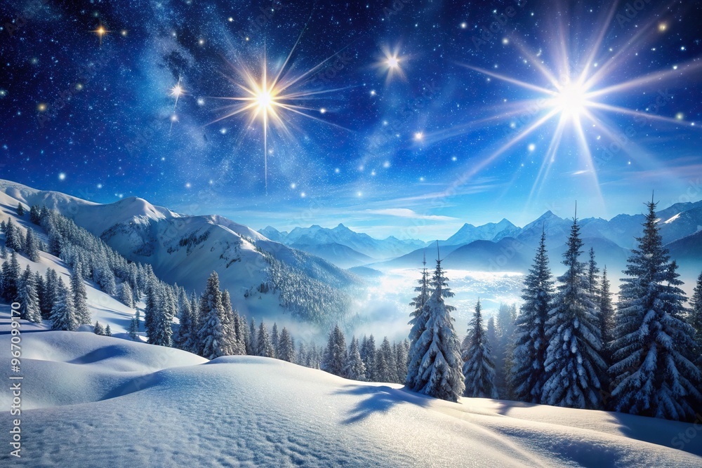 Φωτογραφία Winter snowy scene landscape in the mountains with snowflakes and stars aerial v