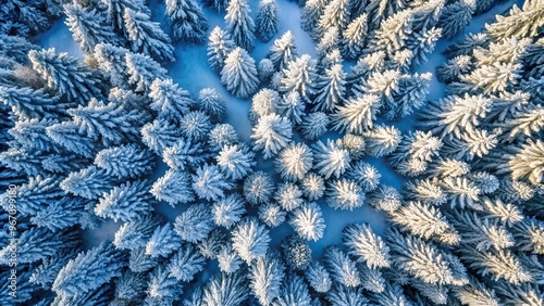 Winter snow covered trees from a top down drone shot