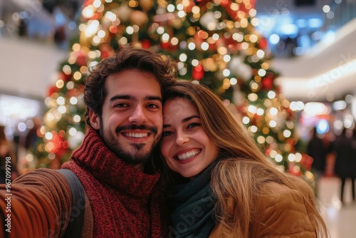 Happy Couple Taking Selfie in Front of Decorated Christmas Tree