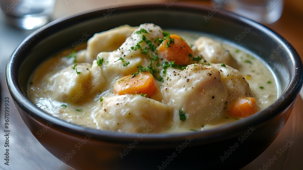 78. A bowl of creamy chicken and dumplings with tender chicken and fluffy dumplings 78. A bowl of creamy chicken and dumplings with tender chicken and fluffy dumplings