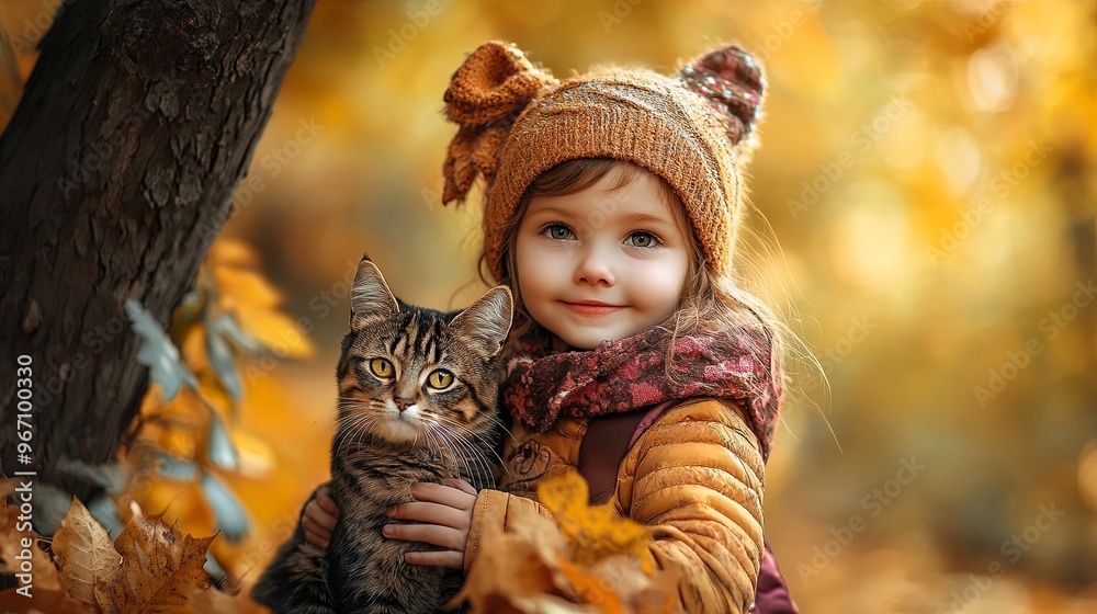 Portrait of a little girl and a cat in an autumn park Portrait of a little girl and a cat in an autumn park