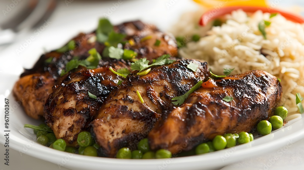 80. A serving of flavorful jerk chicken with rice and peas 80. A serving of flavorful jerk chicken with rice and peas