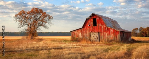 Red barn stands in a field of golden grass with a tree in the foreground.