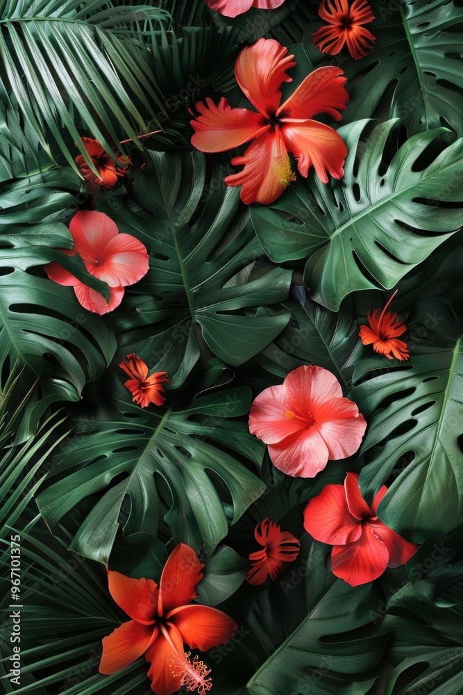 Lots of tropical leaves and floral patterns. Real photo of dark green leaves interspersed with red flowers. Lots of tropical leaves and floral patterns. Real photo of dark green leaves interspersed with red flowers.