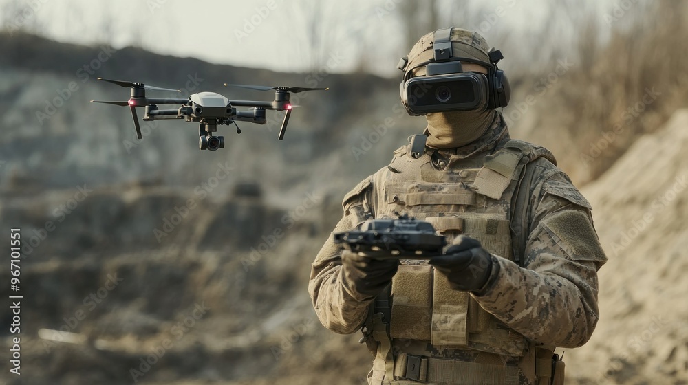 Soldiers, army operations personnel wearing military uniforms, glasses Controlling the drone used in the military Soldiers, army operations personnel wearing military uniforms, glasses Controlling the drone used in the military