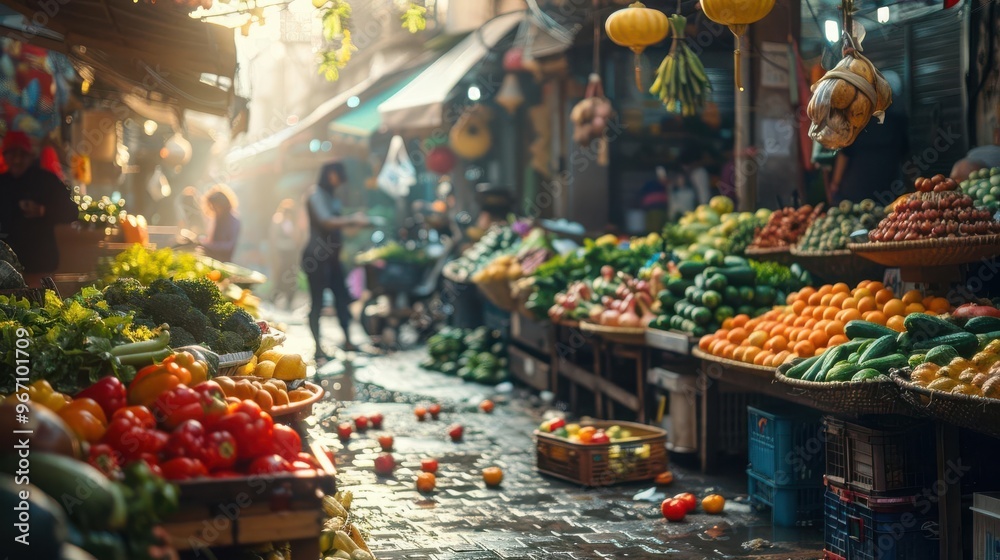 Realistic view of a bustling food market with vendors and fresh produce high-definition clarity Realistic view of a bustling food market with vendors and fresh produce high-definition clarity