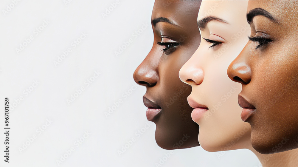 Three models showing different skin tones in profile on white background Three models showing different skin tones in profile on white background