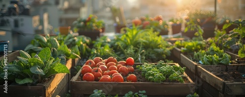 Realistic urban rooftop garden with various plants and vegetables photo