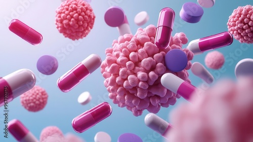 Chemotherapy drugs interacting with breast tumor, molecular level, 3D illustration