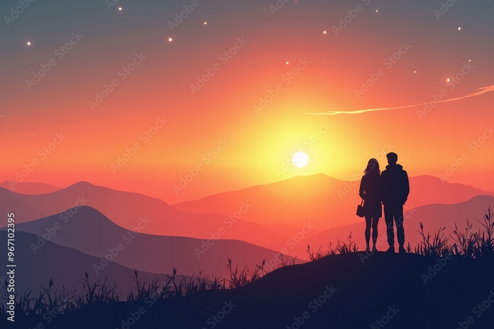 Fototapeta premium Romantic couple silhouette watching breathtaking sunset over mountains with starry sky