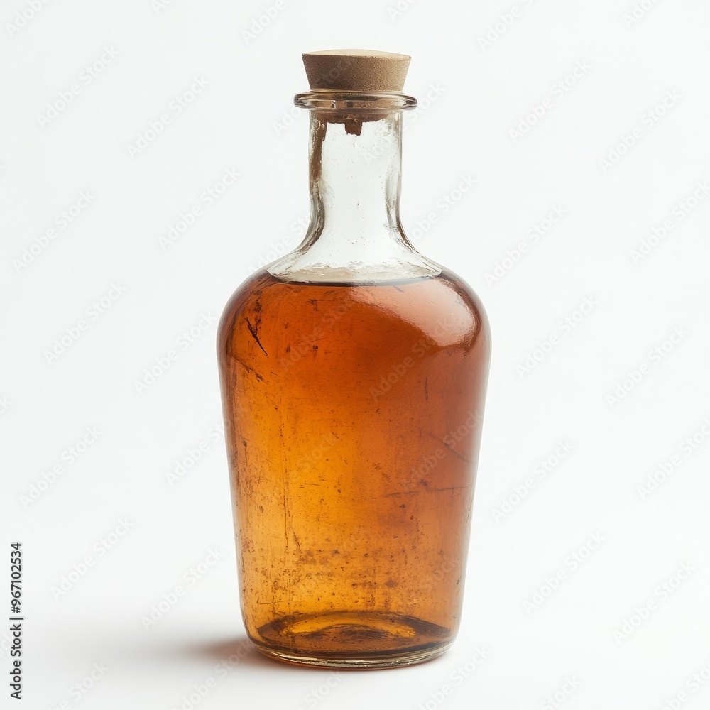 A classic glass bottle filled with amber liquid, showcasing vintage design and a cork stopper, perfect for decor or recipe imagery. A classic glass bottle filled with amber liquid, showcasing vintage design and a cork stopper, perfect for decor or recipe imagery.