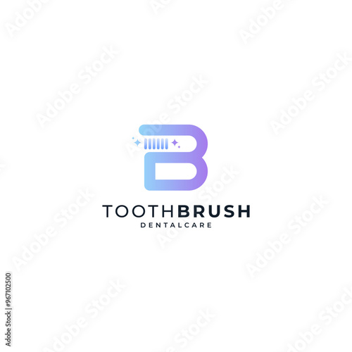 shiny letter B and tooth brush for dental care logo design