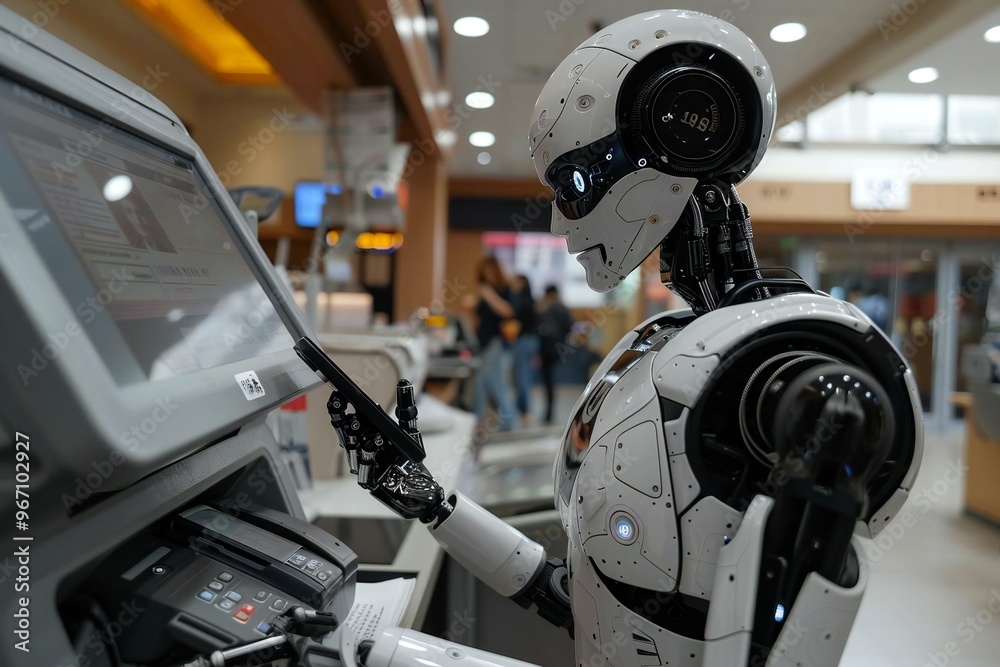 Fototapeta premium Humanoid Robot Using Mobile Phone. Check Capture, robot, mobile, ai, artificial, deposit, intelligence, code, document, tech, machine, scan, technology, future, pay, 4, 0, lady, industry