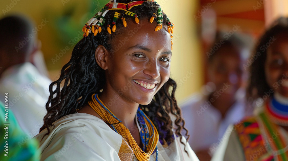 A woman in traditional Ethiopian attire, smiling as she participates in a cultural coffee ceremony. A woman in traditional Ethiopian attire, smiling as she participates in a cultural coffee ceremony.