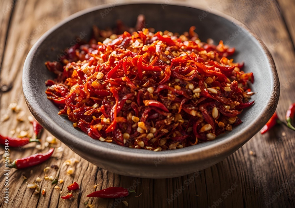 Bowl of Spicy Hot Chili Crisp Oil. Bowl of Spicy Hot Chili Crisp Oil.