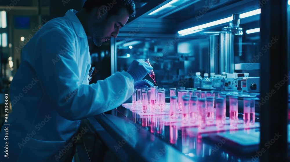 Scientist Working with Pink Liquid in Test Tubes in a Laboratory Scientist Working with Pink Liquid in Test Tubes in a Laboratory