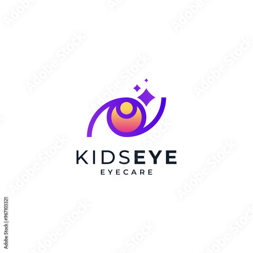 eyes with stars and little kids for child-friendly eye care logo