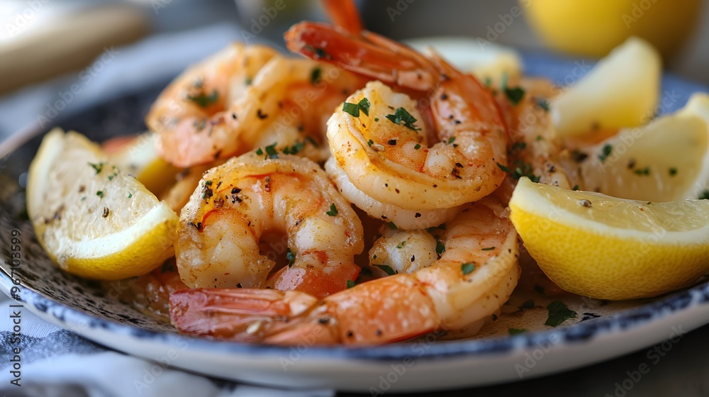 24. A plate of buttery garlic shrimp with a side of lemon wedges 24. A plate of buttery garlic shrimp with a side of lemon wedges