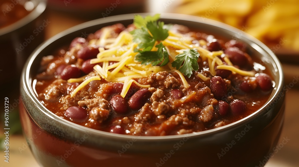 25. A bowl of spicy chili with beans, ground beef, and shredded cheese 25. A bowl of spicy chili with beans, ground beef, and shredded cheese