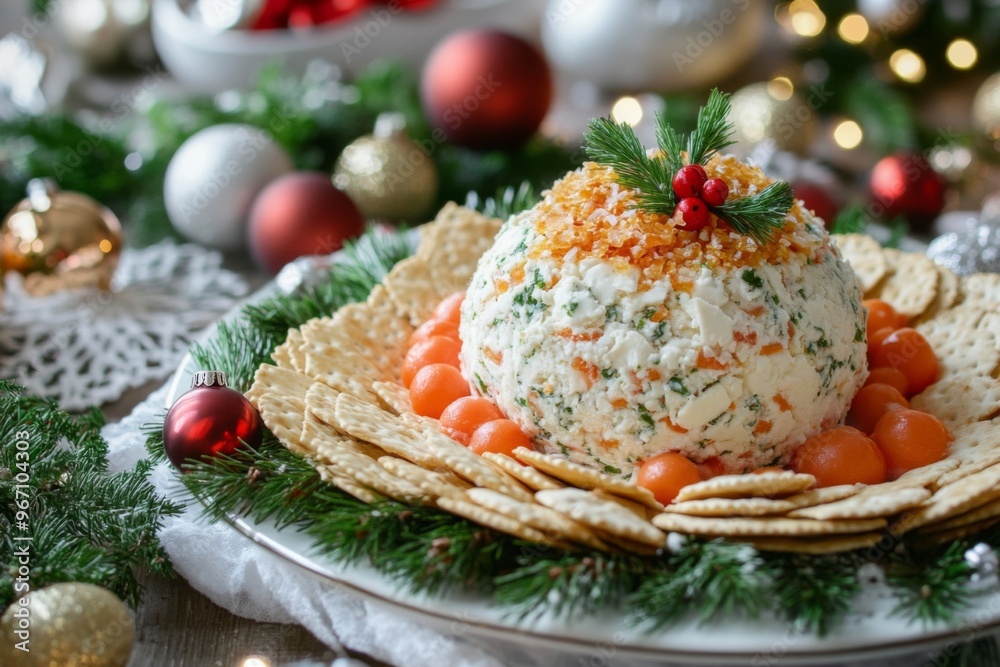 Festive Cheese Ball with Crackers and Christmas Decorations Festive Cheese Ball with Crackers and Christmas Decorations