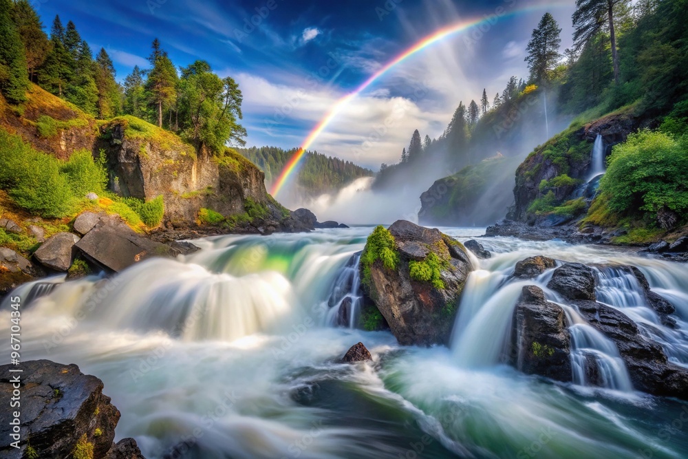 Fototapeta premium Worm's Eye View Long Exposure Waterfalls with Rainbow Mist at Rogue River Gorge