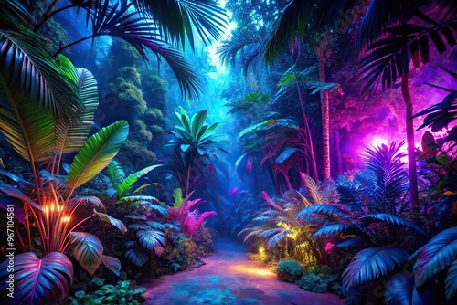 Worm's eye view of a jungle landscape glowing neon at night