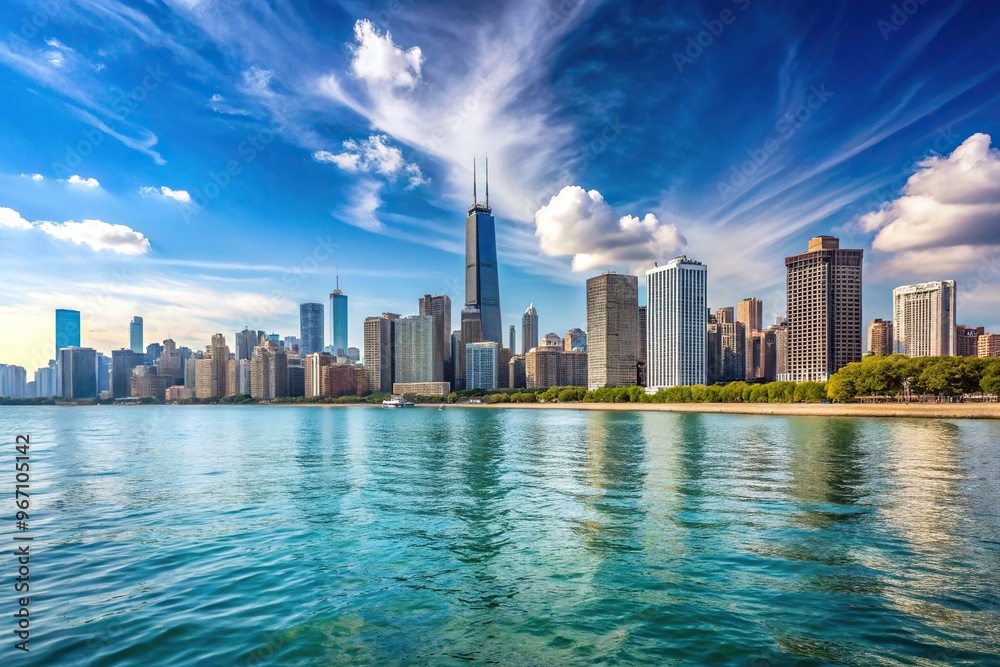 Obraz premium Worm's eye view of Chicago skyline and Lake Michigan panorama in Illinois, United States