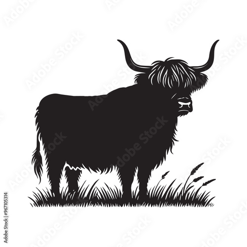 Black and White Highland Cattle Illustration – Highland Cow Vector Clipart Design