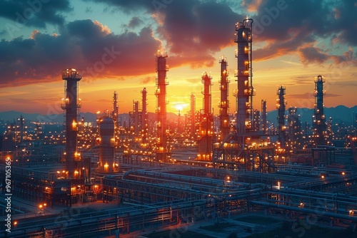 Oil refinery at sunset with towering structures and pipes, dramatic industrial landscape, isolated white background, AI Generative