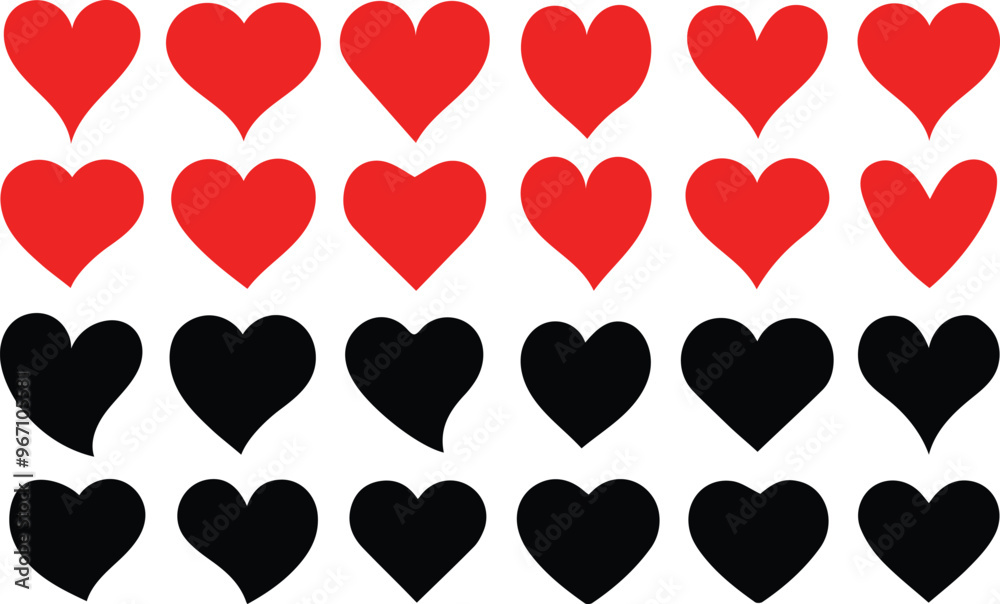 Red and black heart icons set. Heart icon. Different simple vector hearts and love.