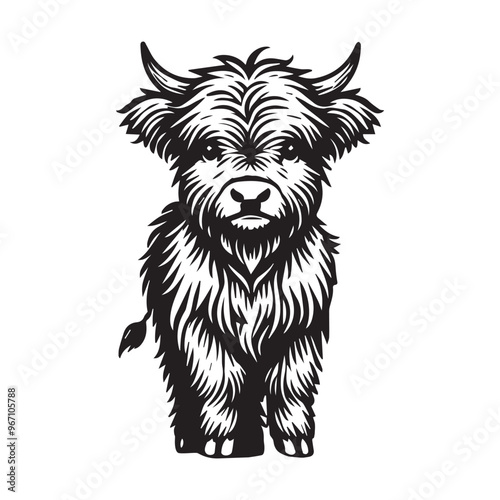 Black and White Highland Cattle Art – Baby Cow Vector Illustration Design