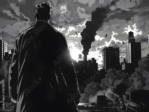 Heroic Superhero Stands Tall Amidst Dynamic 1940s Cityscape in Dramatic Black and White