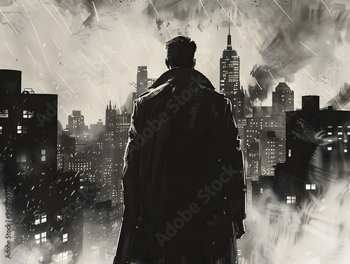 Superhero Faces Dramatic 1940s Cityscape in Moody Black and White
