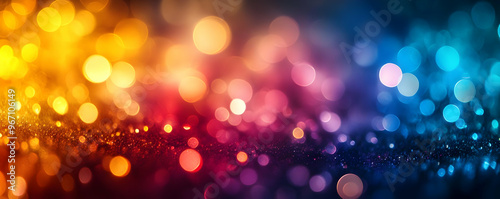 Colorful Bokeh Lights Background: Blue, Red, and Gold Festive Sparkle