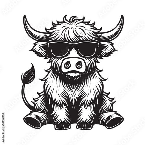 Highland Cattle Clipart Design - Highland Cow vector Illustration in black and white