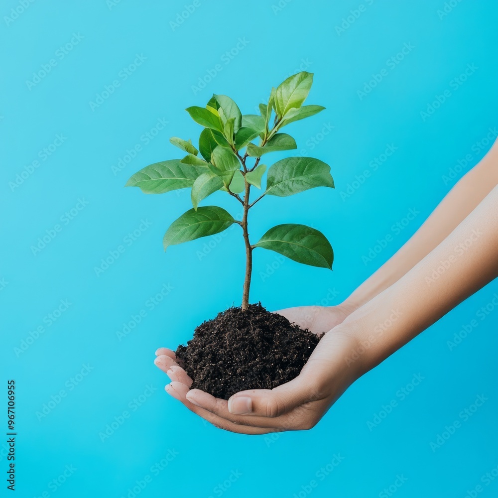 A pair of hands hold a small sapling with dirt, symbolizing growth, care, and new beginnings. A pair of hands hold a small sapling with dirt, symbolizing growth, care, and new beginnings.