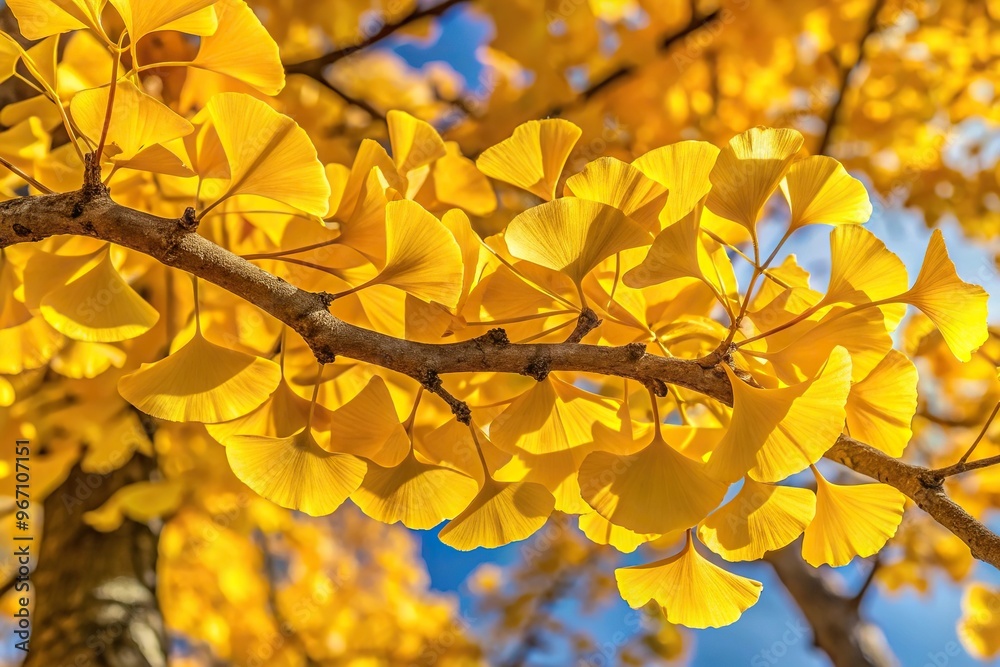 Yellow autumn leaves of ginkgo biloba tree seen from above
