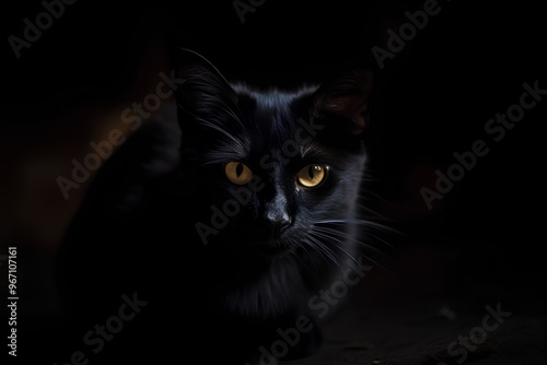 Portrait of a black cat with yellow eyes in the dark.