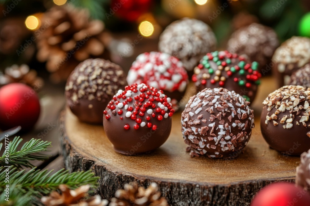 Assorted Chocolate Truffles with Festive Toppings on a Wooden Slab Assorted Chocolate Truffles with Festive Toppings on a Wooden Slab