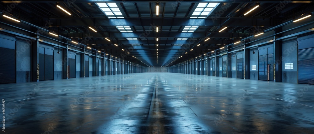 Three dimensional render of dark empty warehouse Three dimensional render of dark empty warehouse
