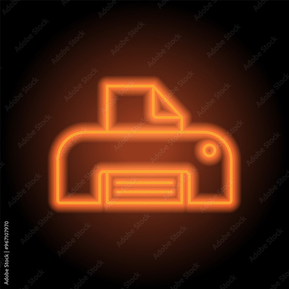 Printer, print simple icon. Flat design. Orange neon on black background