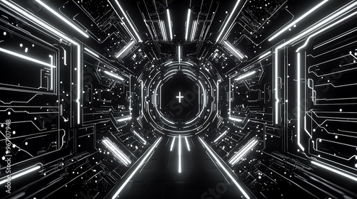 Overlapping futuristic neon grids in monochromatic tones creating a symmetrical digital masterpiece photo